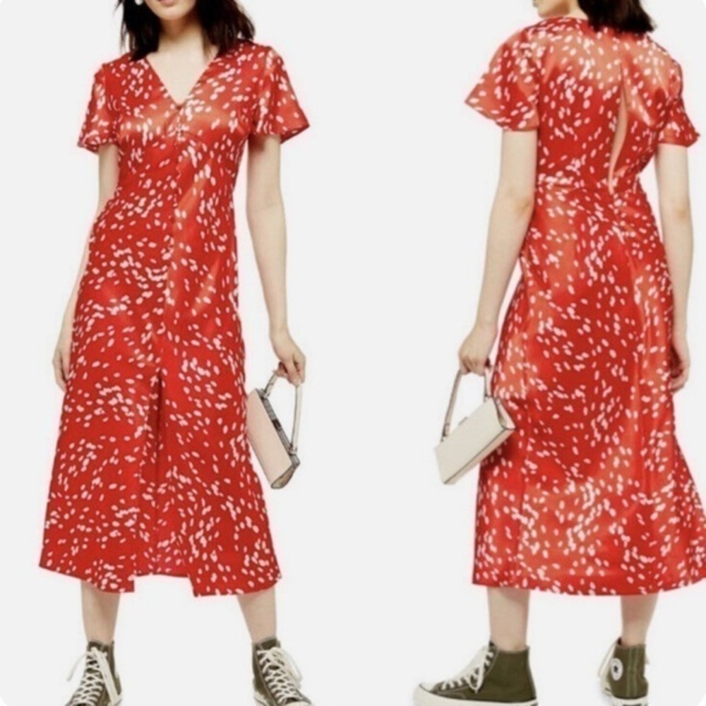 Topshop Red Flutter Sleeve Polka Dot Minnie Mouse Tea Maxi Dress 0040